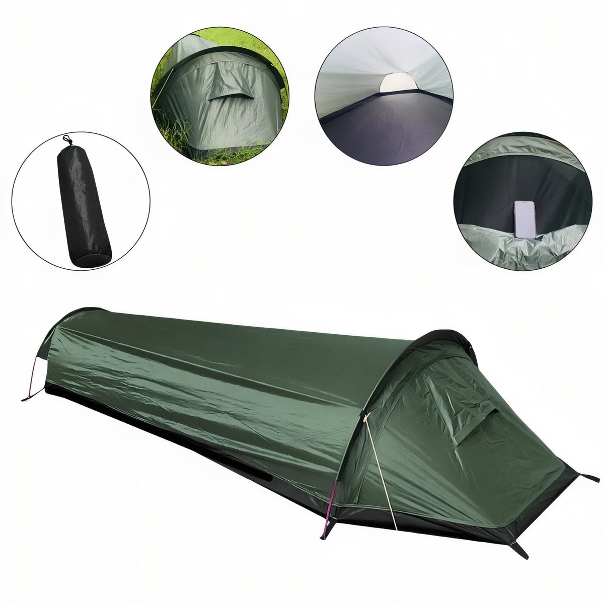 Dark green bivy tent with round close-ups of the sack, the vent, the inside and the head end