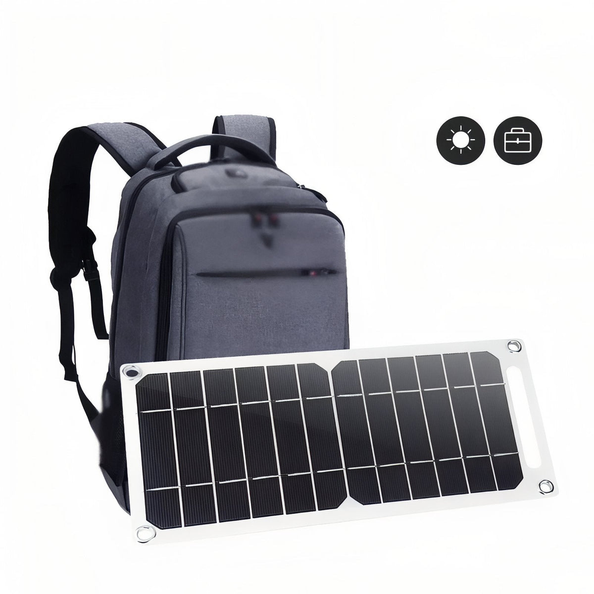 The solar panel lying in front of a grey backpack