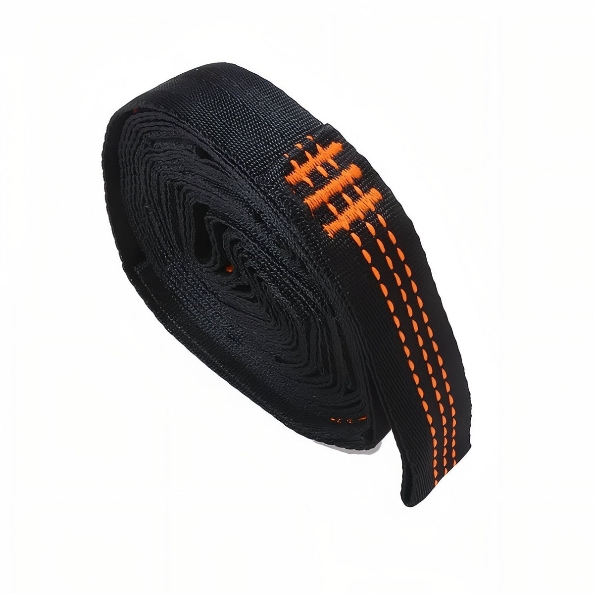 Coiled black hammock strap with orange stitching on the sewn loops