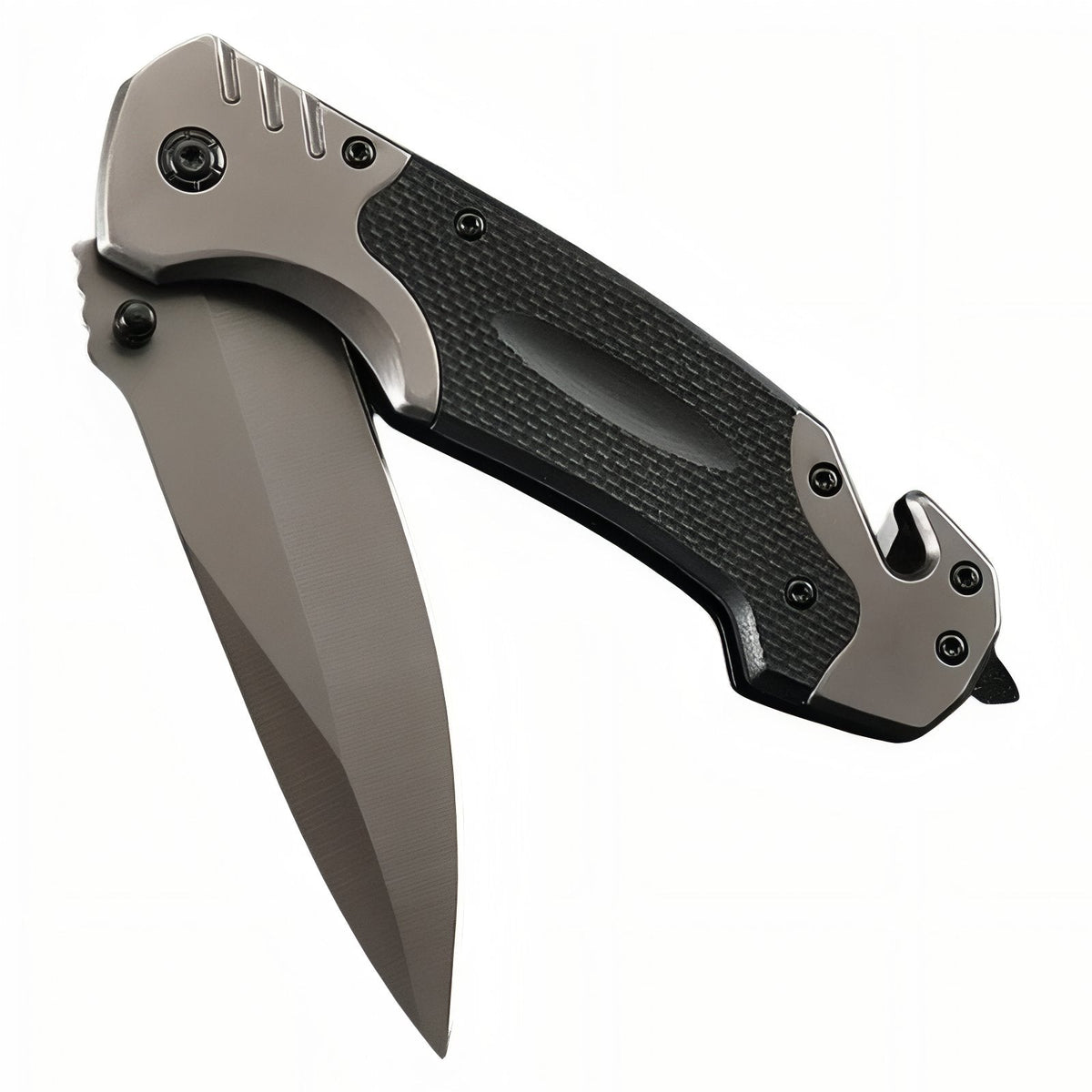 Folding knife open on white, stainless steel drop-point blade and grey and black handle with glass breaker