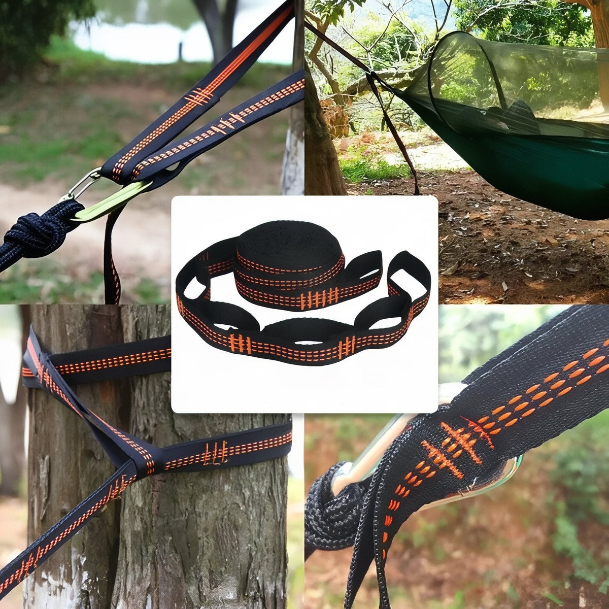 Collage of the black and orange straps round trees holding a hammock, with the strap laid out