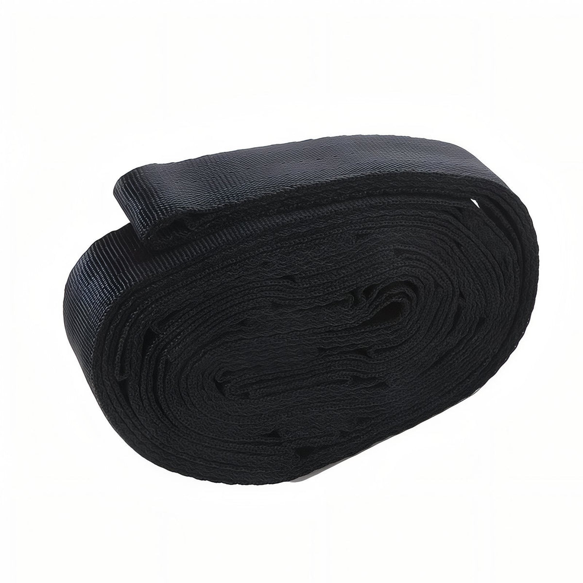 Coiled all-black hammock strap with its end loop folded over