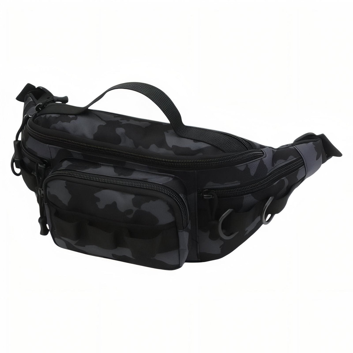 Black and grey camouflage hip pack with a top grab handle and front gear loops