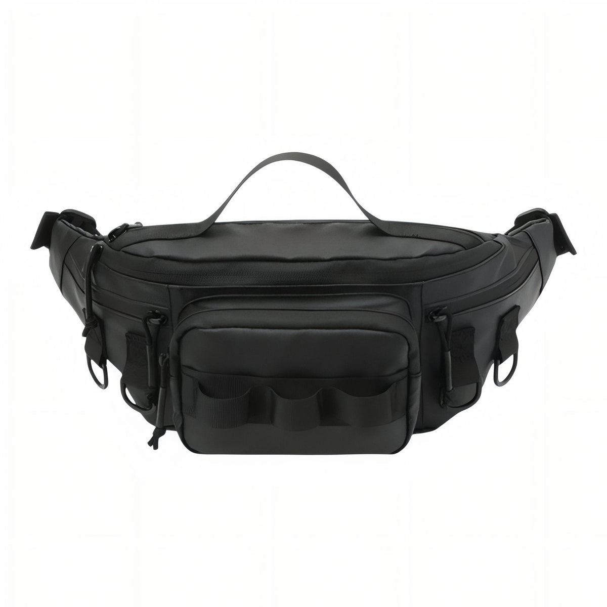Black hip pack seen from the front with its top handle, front pocket and gear loops