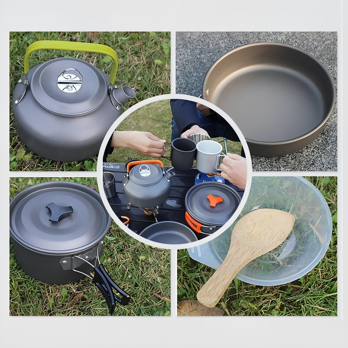 Collage of the kettle, pan and pot in use outdoors