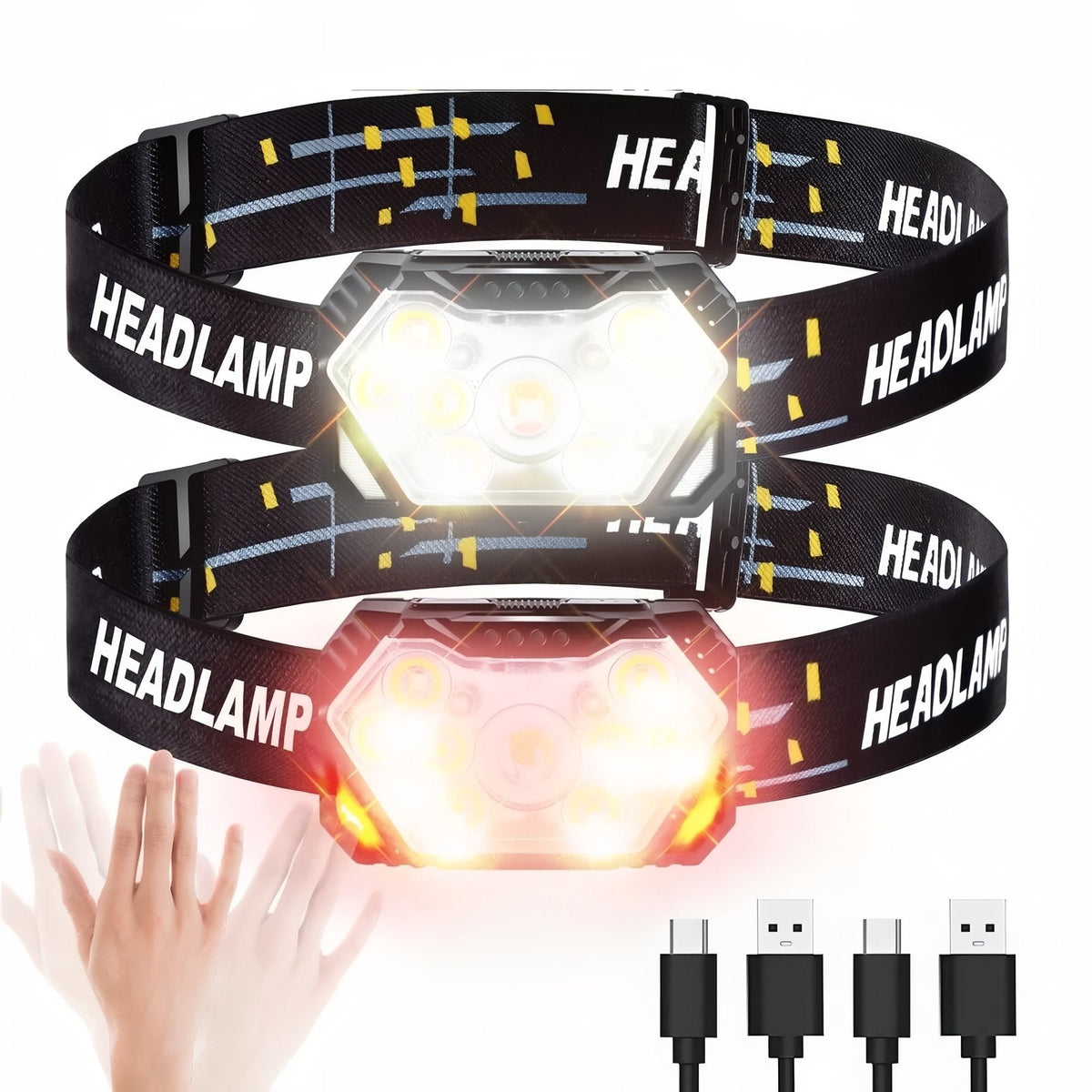 Two headlamps on their headbands, one in white light and one in red, with a hand and charging cables
