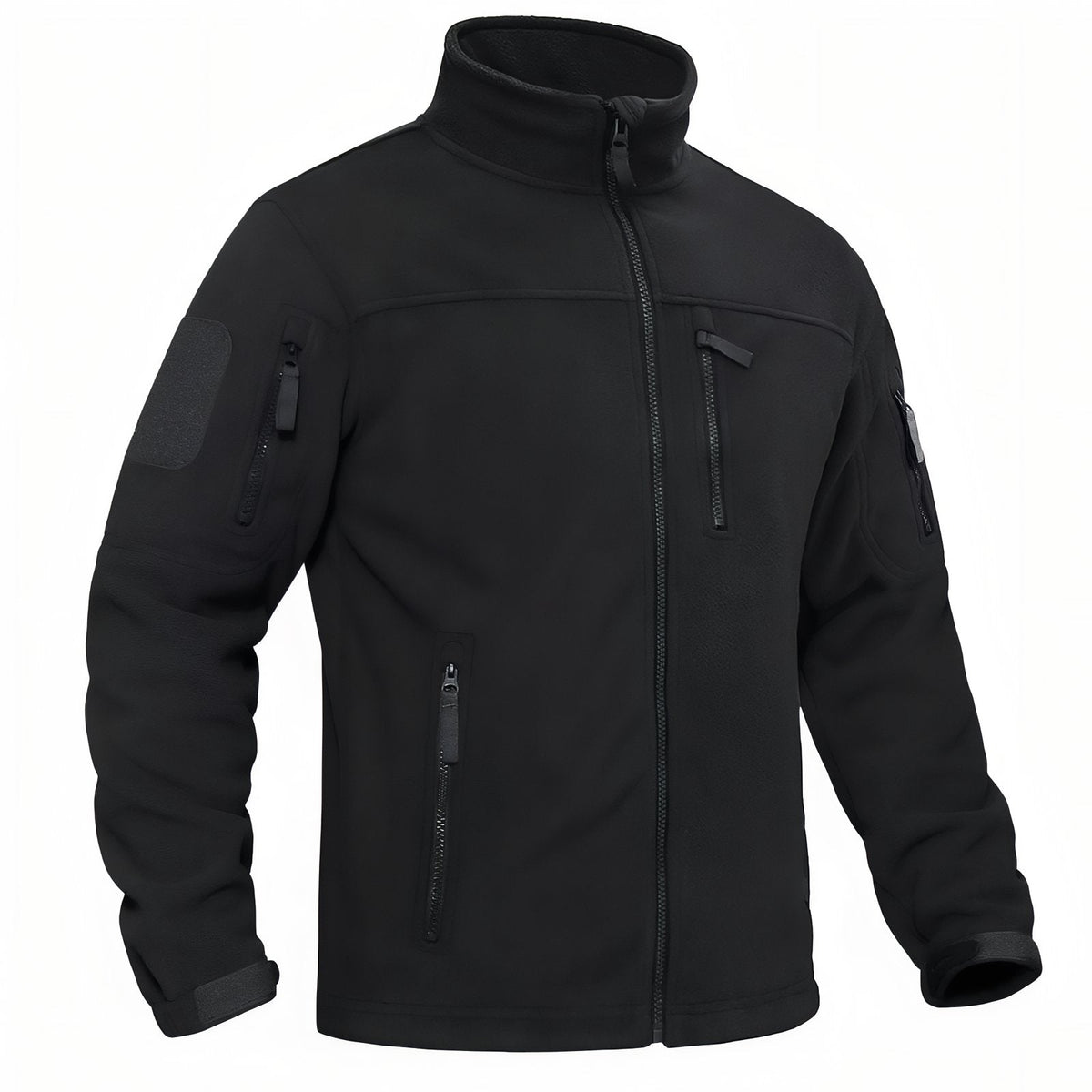 Black men's tactical fleece jacket with stand collar and zipped chest and sleeve pockets