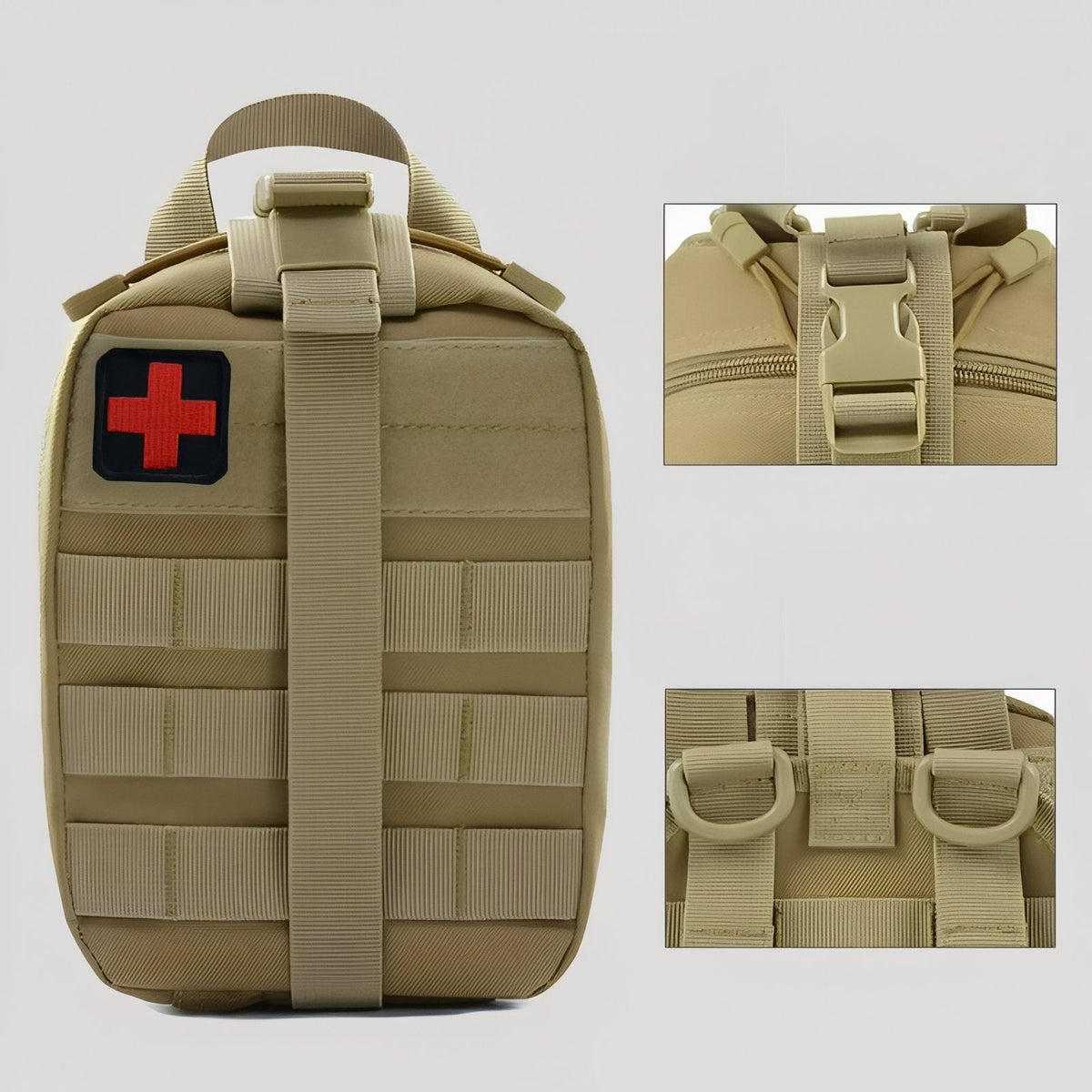 Khaki first aid pouch from the front with close-ups of the buckle and rear loops