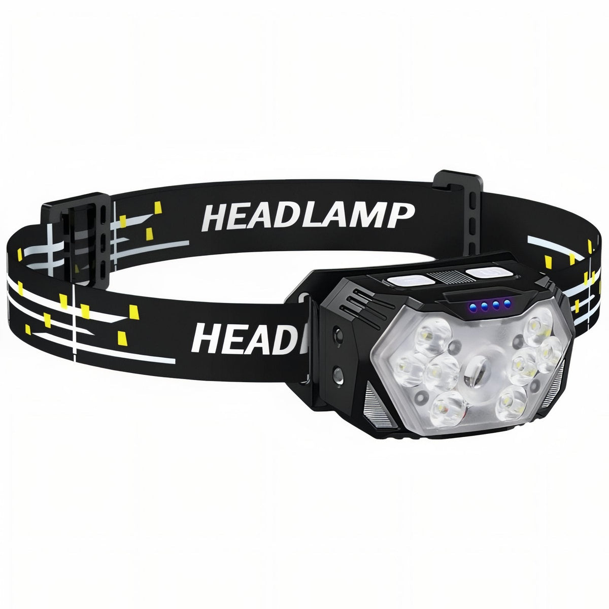 Black 9-LED headlamp on its black and yellow elastic headband, seen from the front on white