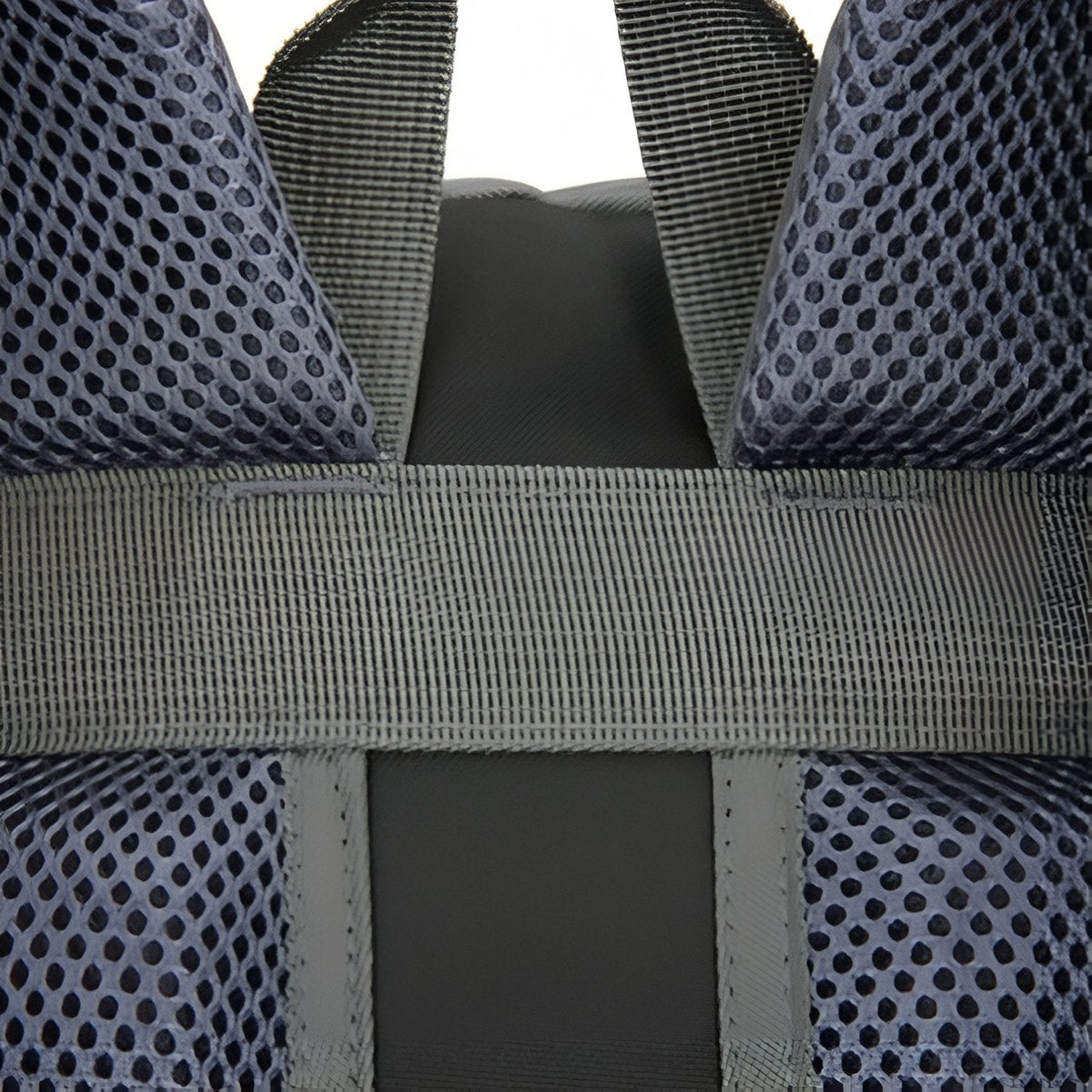 Close-up of the padded mesh shoulder straps and sternum strap