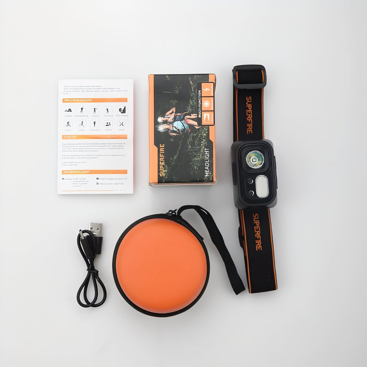 What comes in the box: headlamp on its headband, round orange storage case, USB-C cable, user guide and retail box