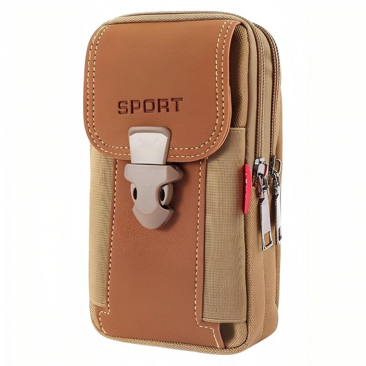 Brown and tan vertical belt pouch with a clip-buckle flap and two zips, front view