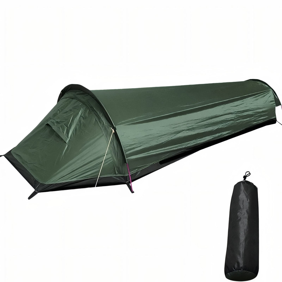 Dark green bivy tent beside its black storage sack