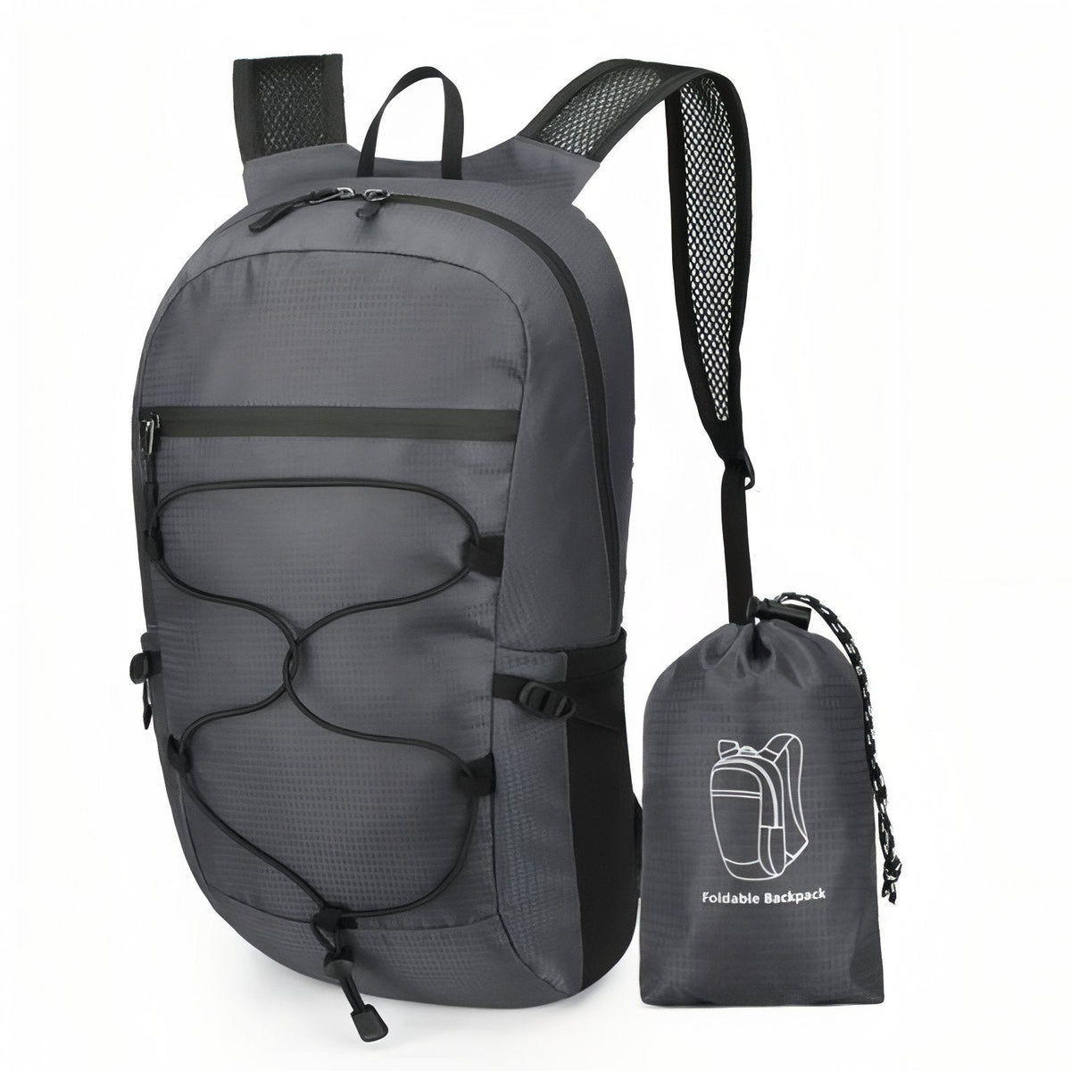 Dark grey packable daypack with a black bungee cord, beside its matching stuff pouch