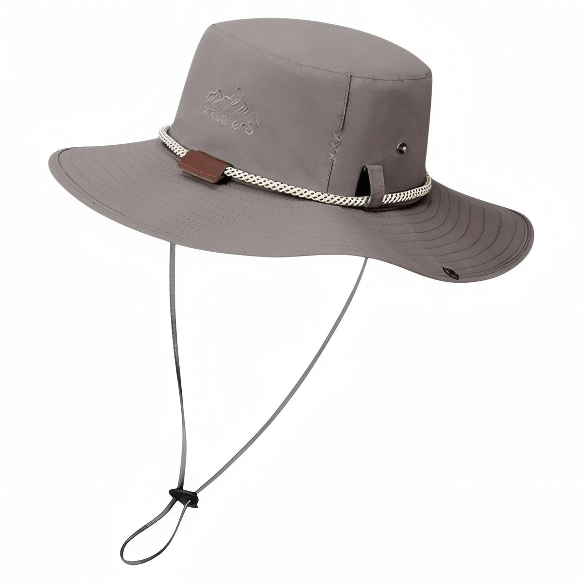 Light grey wide brim hiking hat with braided cord band and chin strap, on white