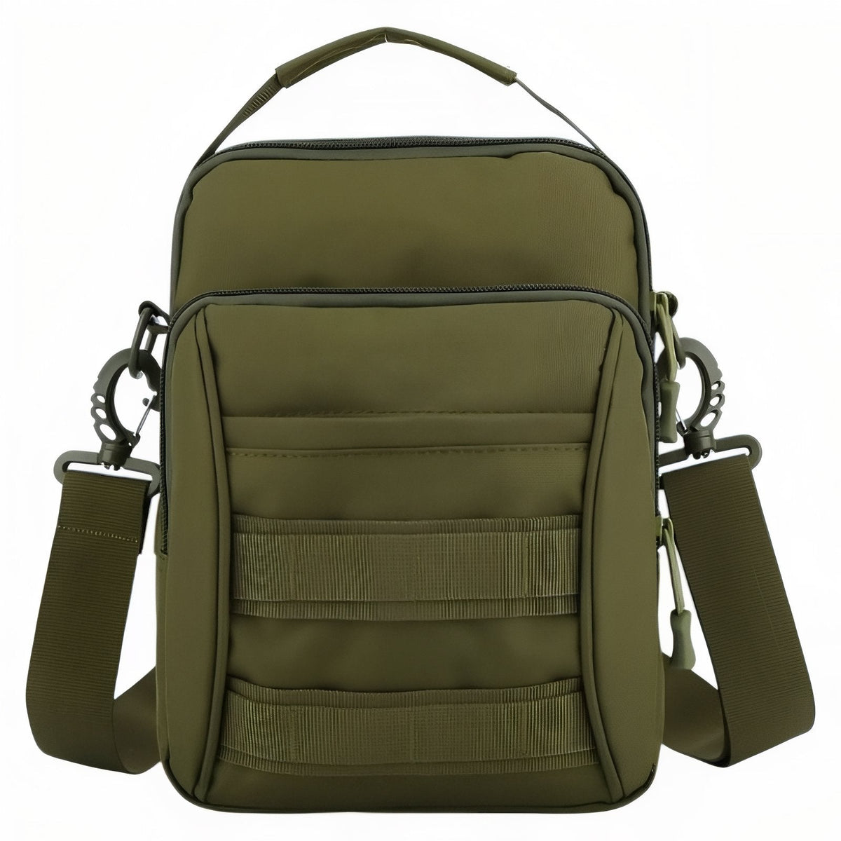 Olive green tactical shoulder bag with a carry handle, zipped front pocket, two webbing bands and a shoulder strap, front view