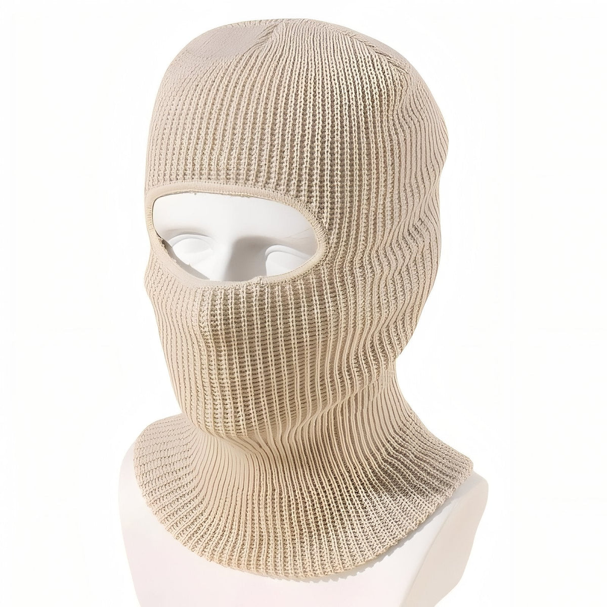 Beige rib-knit winter balaclava on a white mannequin head