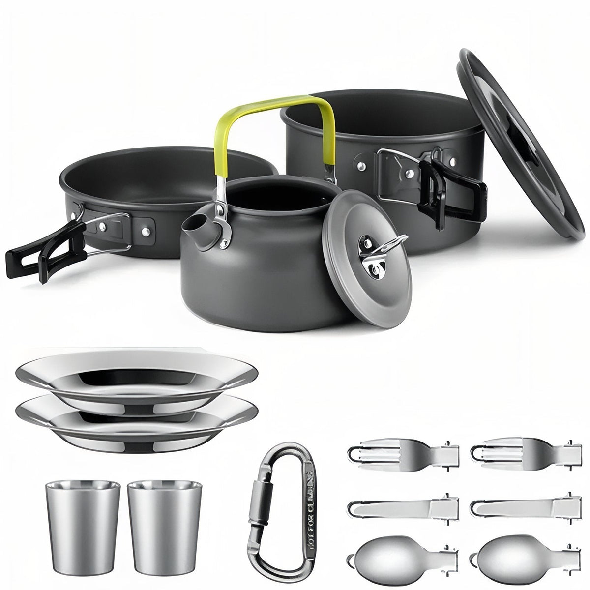 Camping cook set with lime green handles: pot, pan, kettle, two plates, two cups, folding cutlery and a carabiner