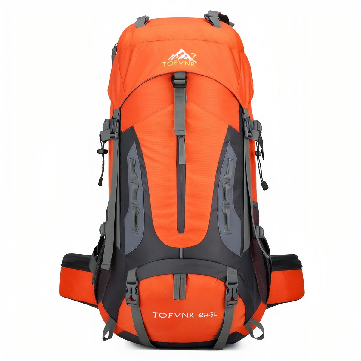 Orange hiking backpack with black panels and grey straps, front view