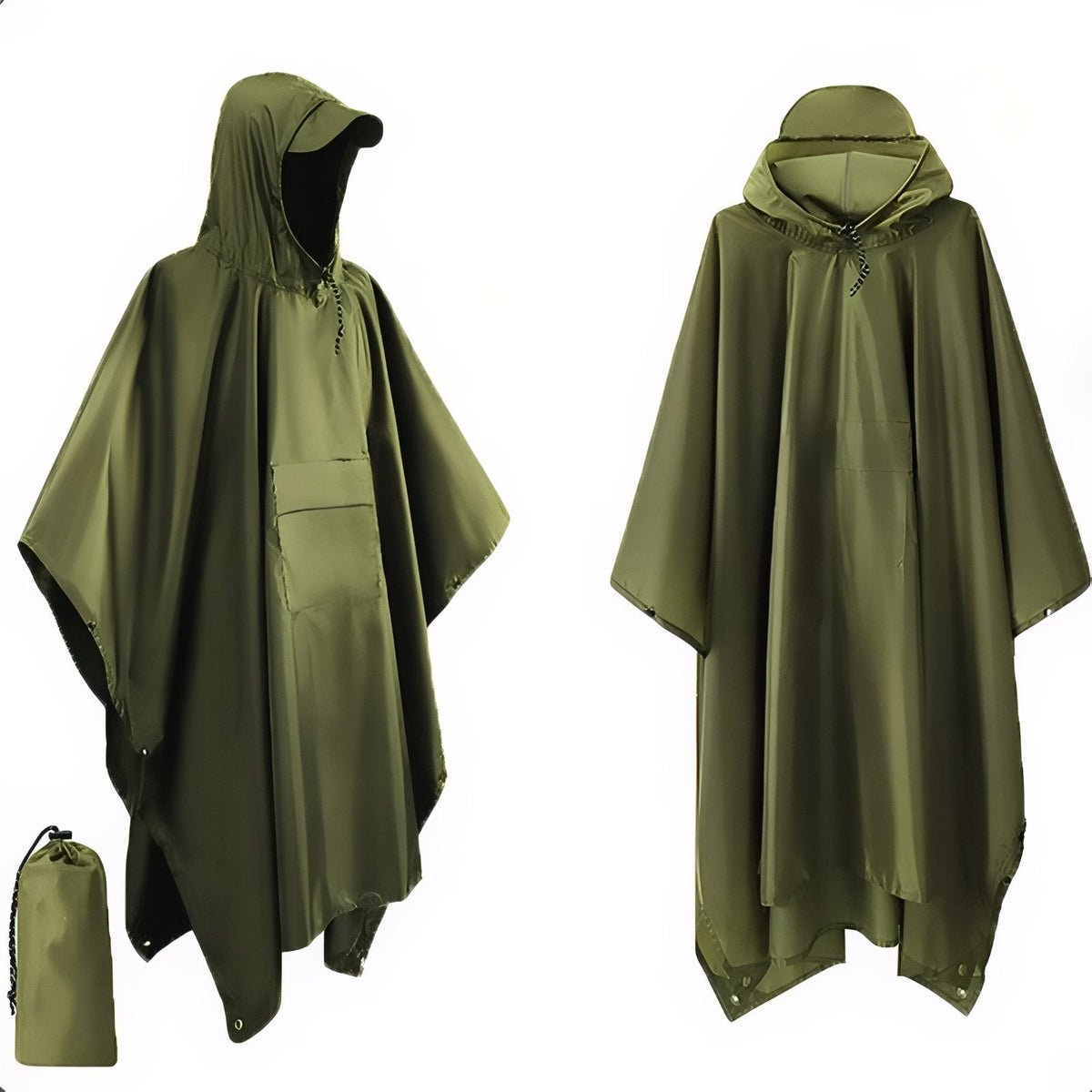 Olive green hooded poncho with a chest pocket, front and back views, with its olive pack bag
