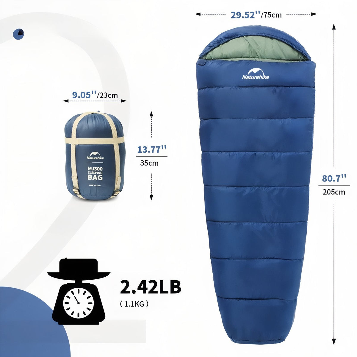 Navy mummy sleeping bag marked 205 cm long and 75 cm wide, beside its packed sack marked 35 by 23 cm, weight 1.1 kg