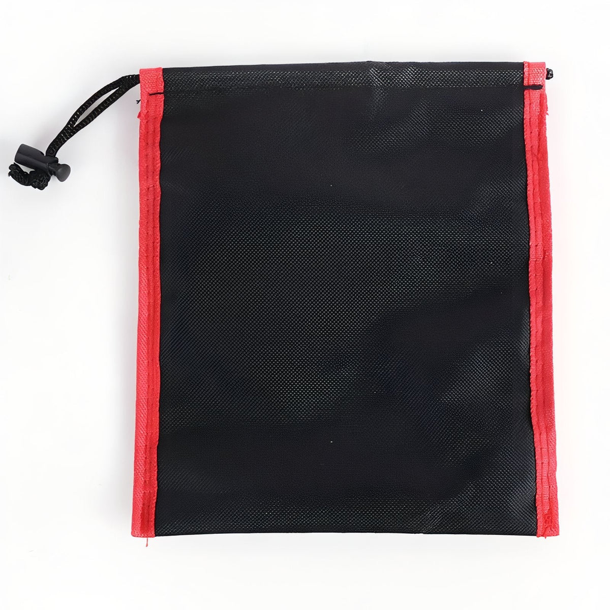 Black drawstring storage bag with red edging, included with the crampons