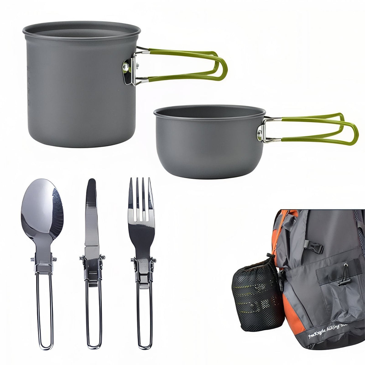The two pots and the folding cutlery, with the mesh bag hanging from a rucksack