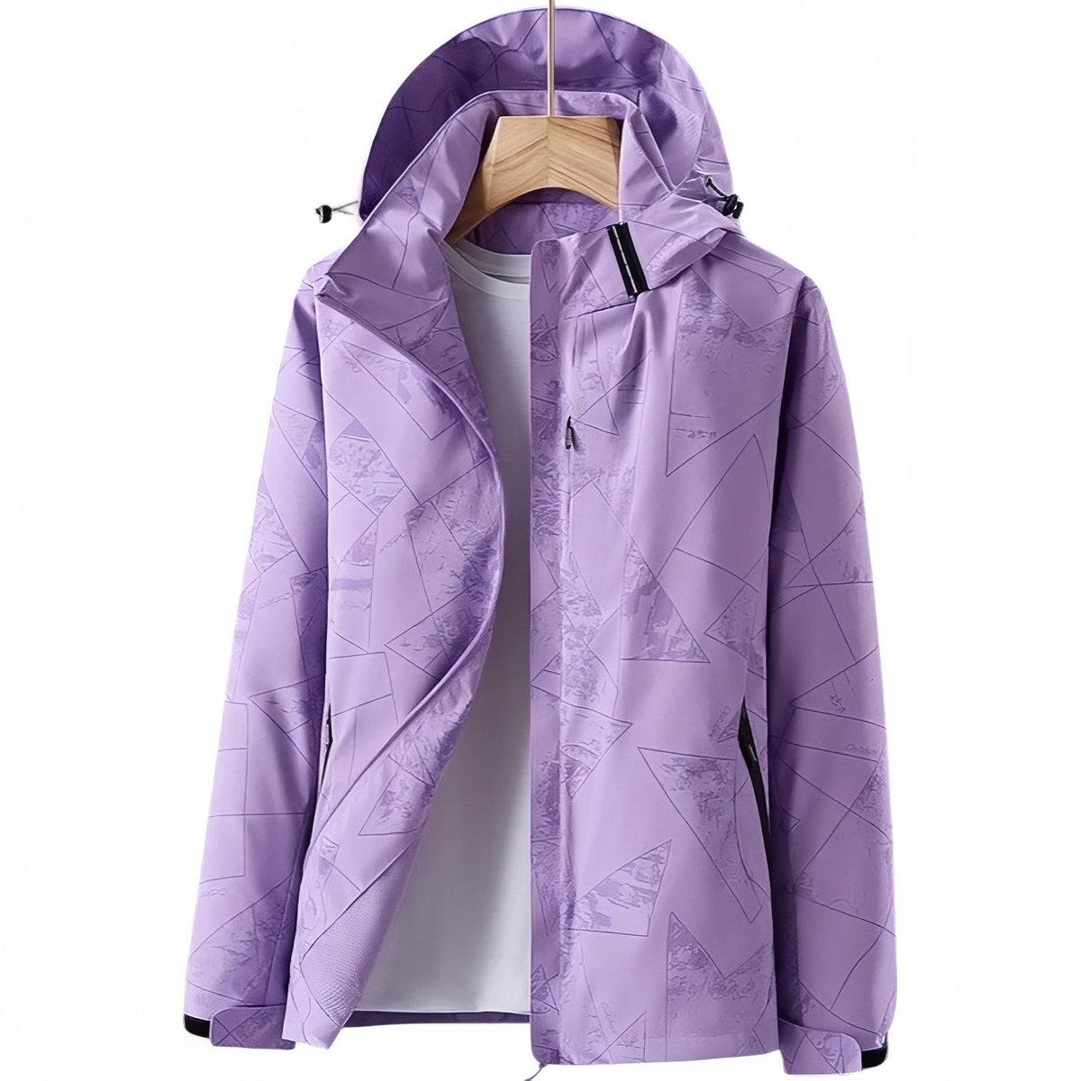 Lilac hooded hiking jacket with a geometric line print, hanging open on a wooden hanger