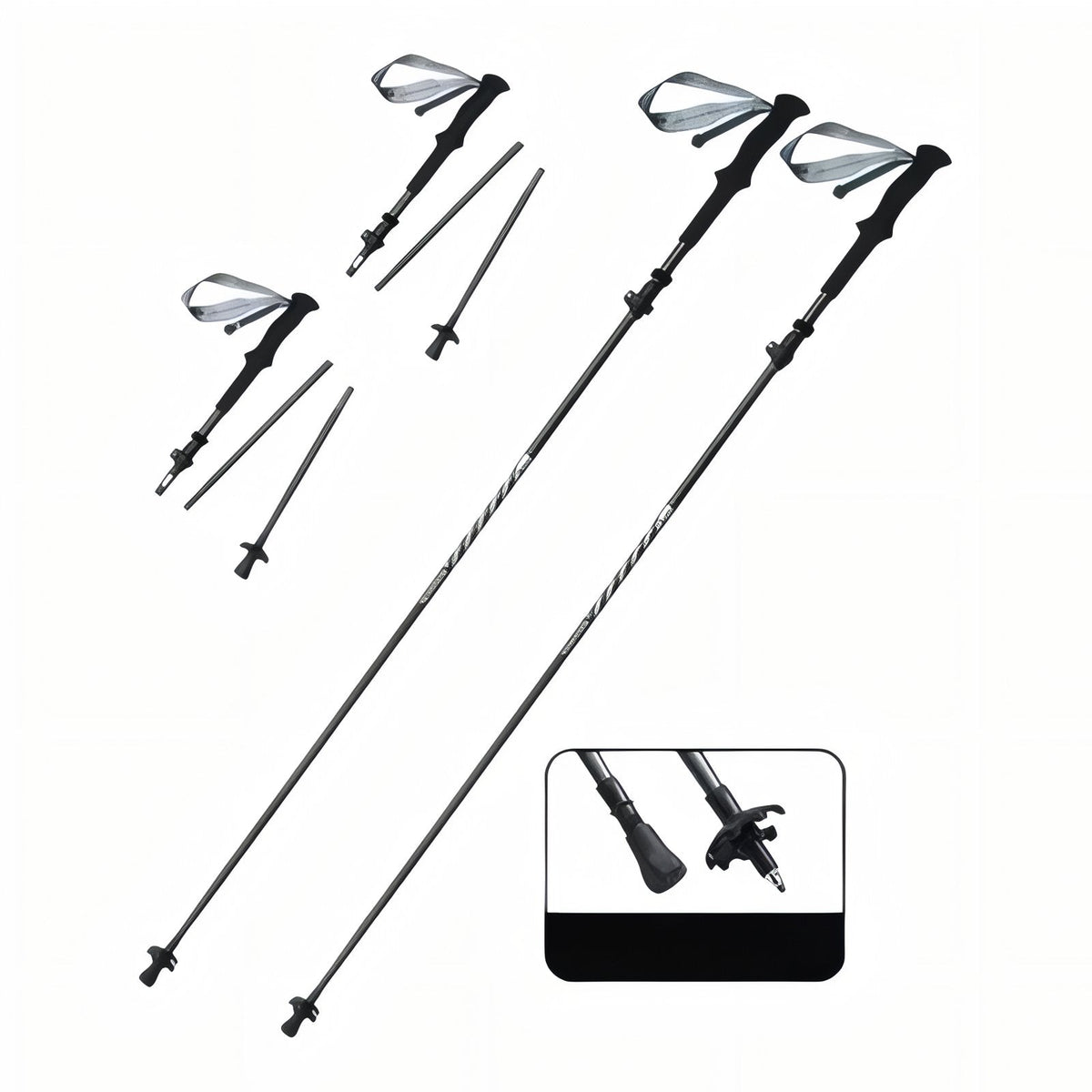 Black folding trekking pole shown extended and folded, with a close-up of the rubber tip cap and basket
