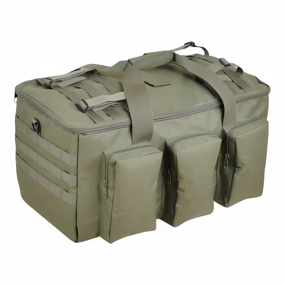 Olive green 55 L tactical duffel bag with three zipped front pockets and top straps