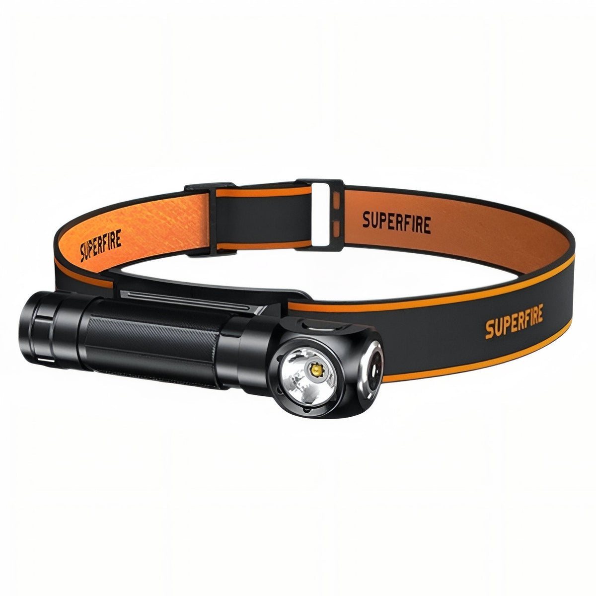 Black right-angle torch clipped into an orange and black adjustable headband