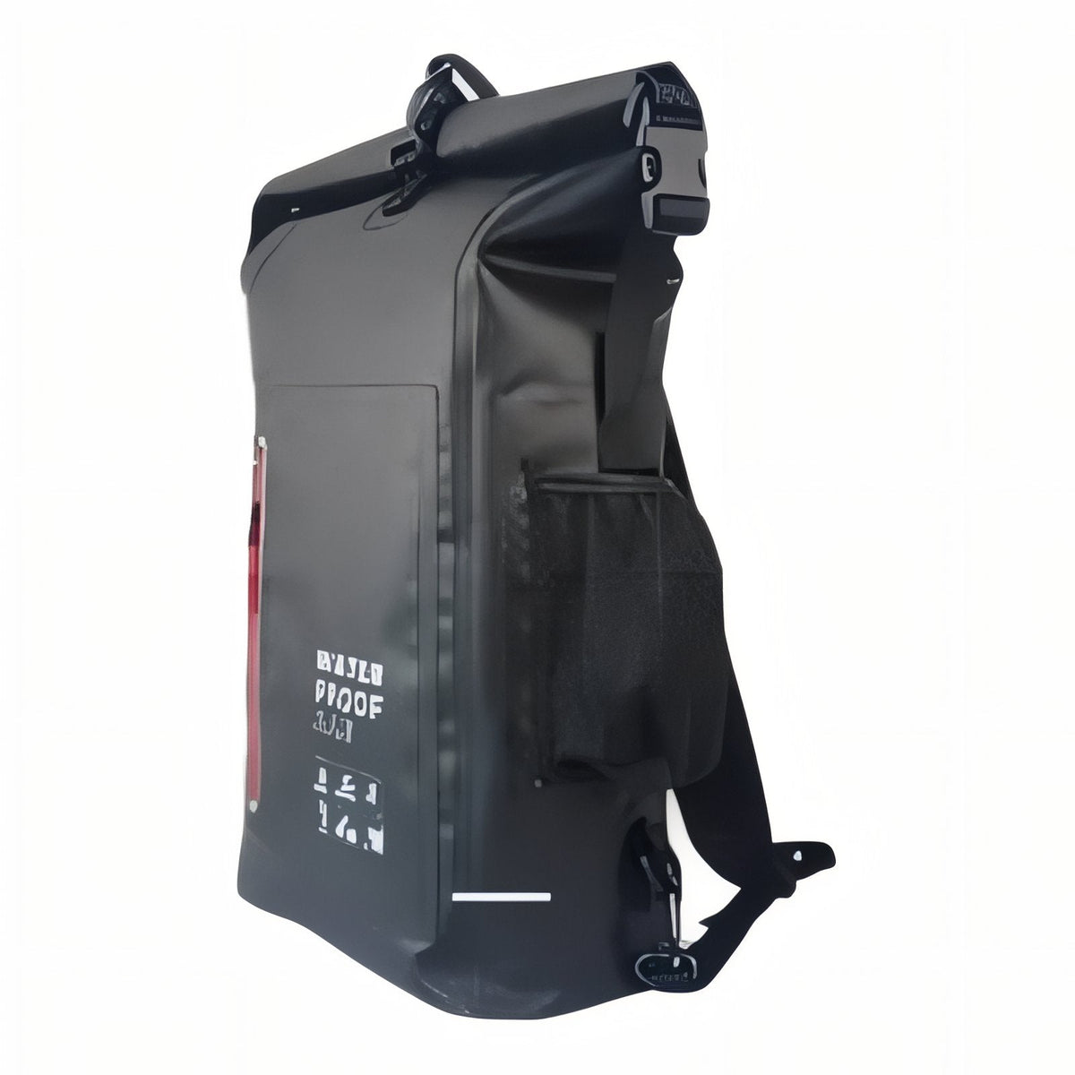 Black roll-top backpack from the side, showing the mesh bottle pocket and shoulder straps