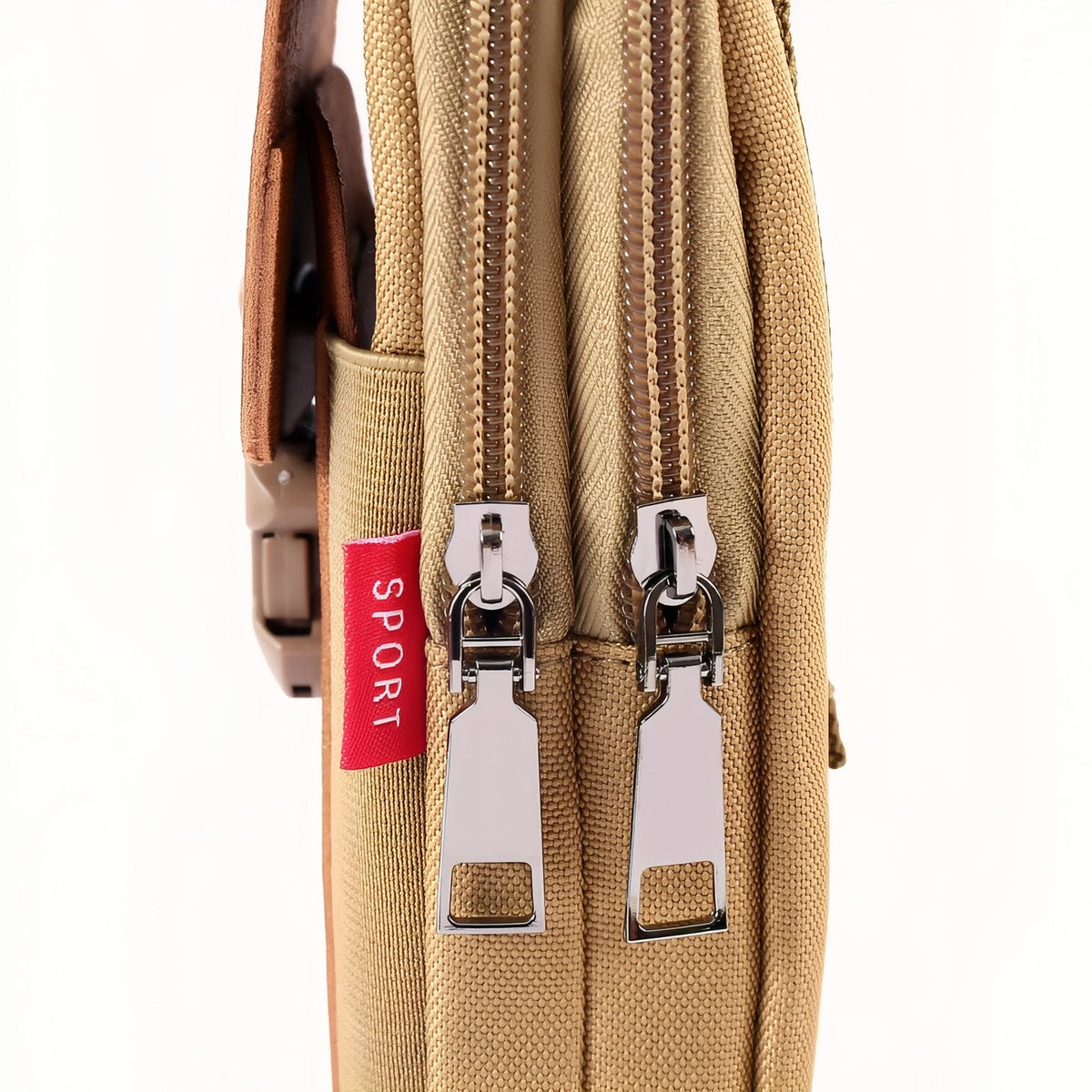 Close-up of the two zip pullers on the side of the pouch