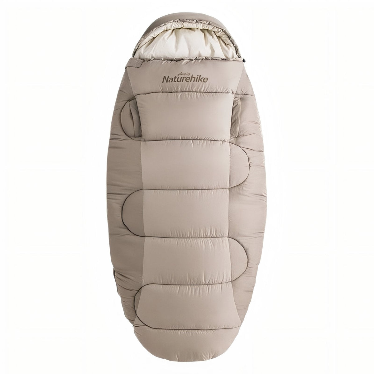 A light beige oval sleeping bag with a hood, seen from above on a white background, quilted in wide horizontal panels