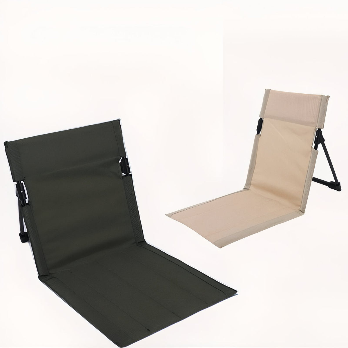 Olive green and beige ground chairs side by side