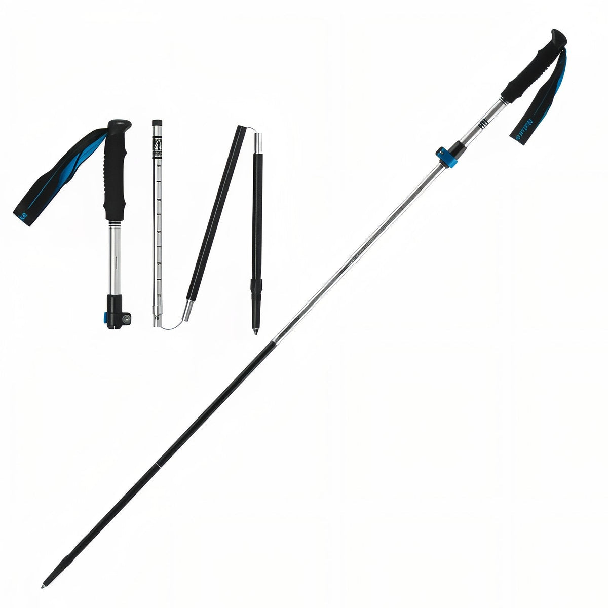Silver folding trekking pole extended, with its folding sections laid out beside it