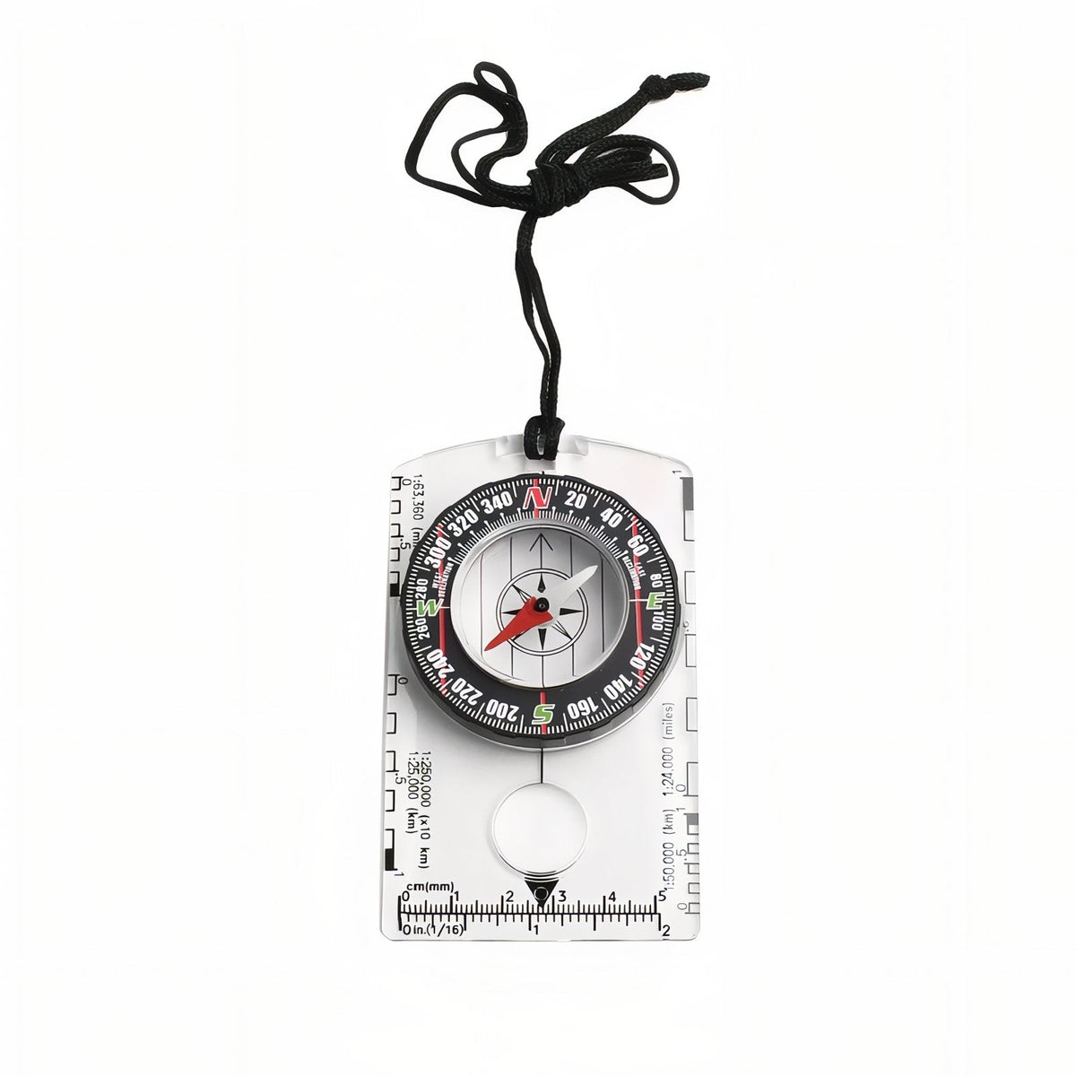 Clear baseplate compass seen from above, hanging from its black neck lanyard