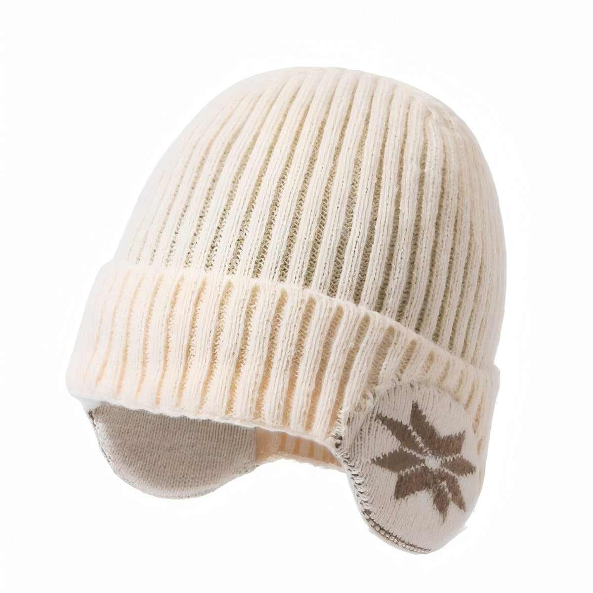 Cream ribbed knit beanie with a turn-up cuff and ear flaps knitted with a brown snowflake