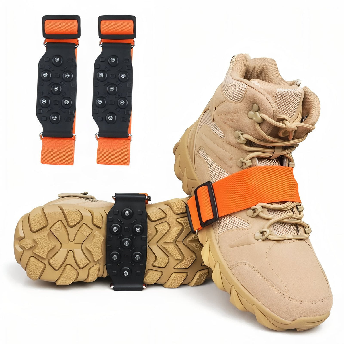 Pair of mid-sole ice cleats with orange straps beside a tan walking boot with one cleat strapped under its arch