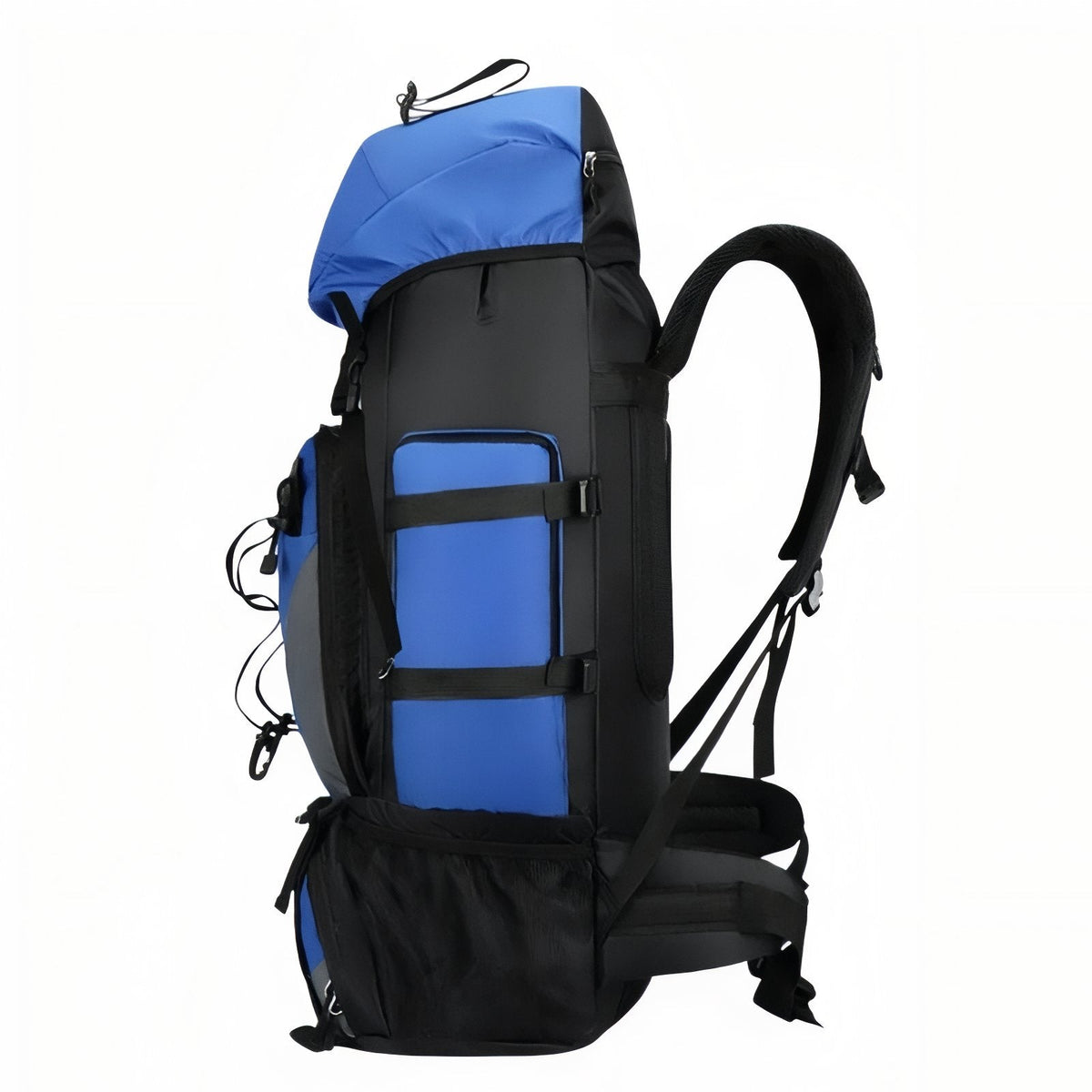 Side view of the blue 90 L hiking backpack with its zipped side pocket and compression straps