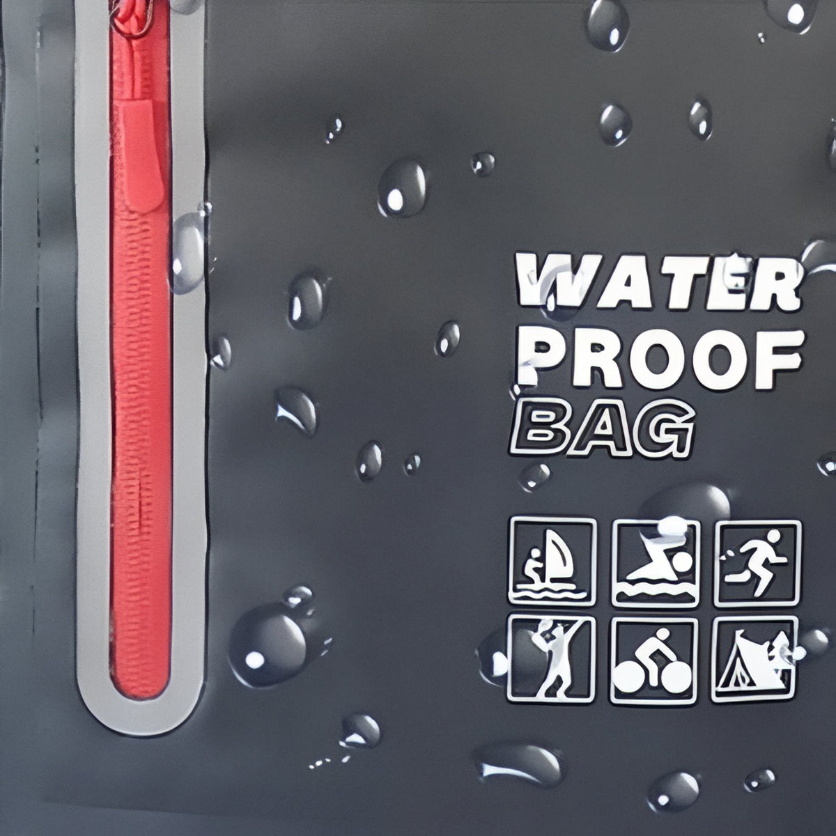 Water drops beading on the black PVC front beside the red-lined zip