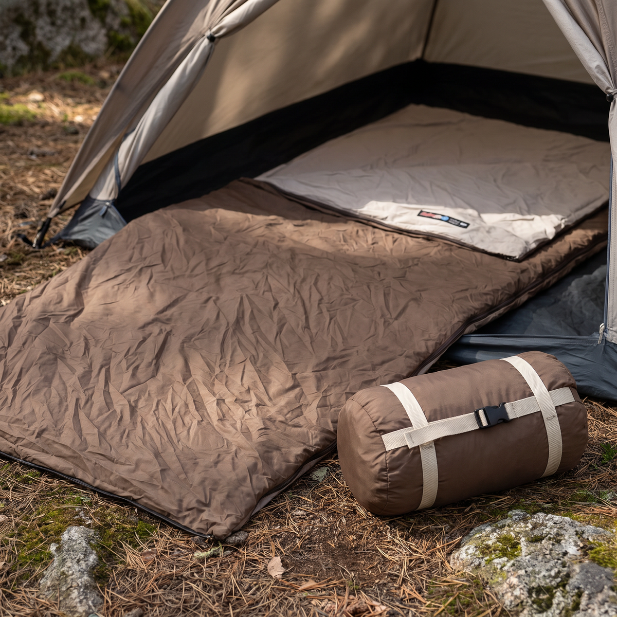 A brown envelope sleeping bag spread from the doorway of a tent onto the forest floor, with its carry sack and two cream straps beside it