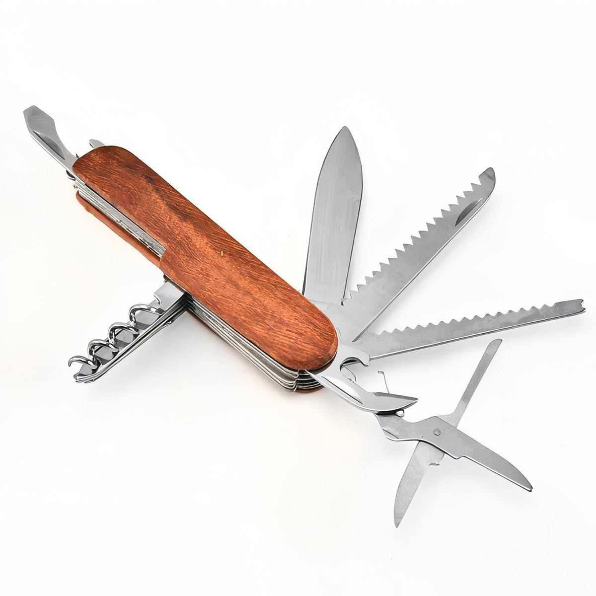 The wooden multitool seen from above with the blade, two saw blades, scissors and corkscrew open