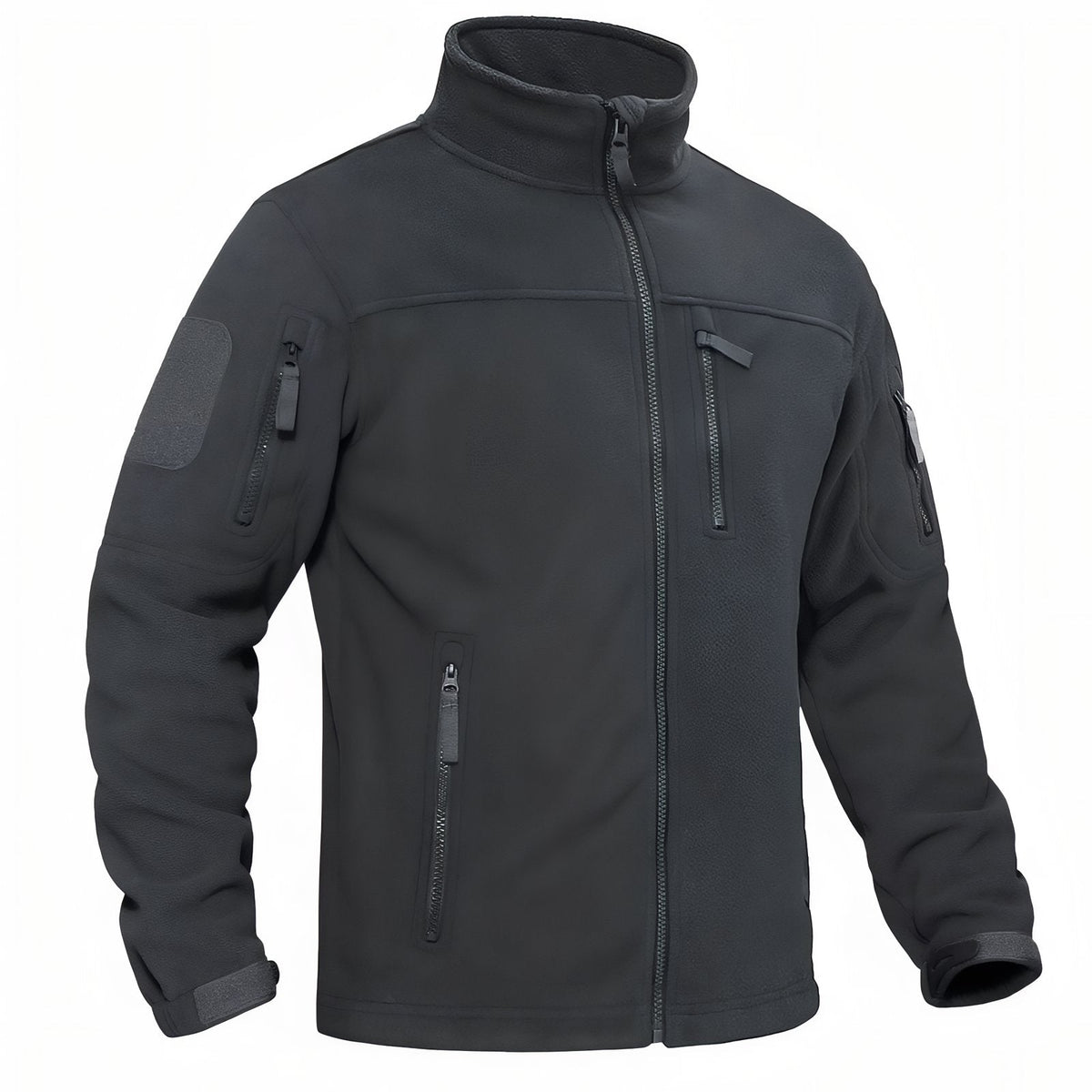 Charcoal grey men's tactical fleece jacket with stand collar and zipped chest and sleeve pockets