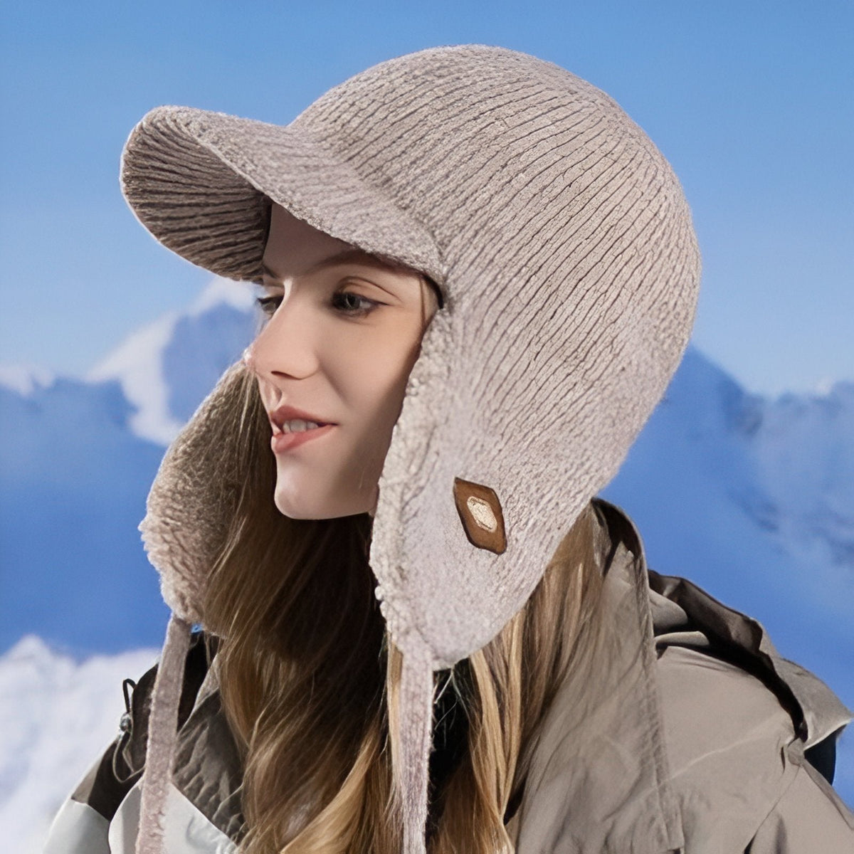 Woman wearing the beige trapper hat with the ear flaps down, snowy mountains behind