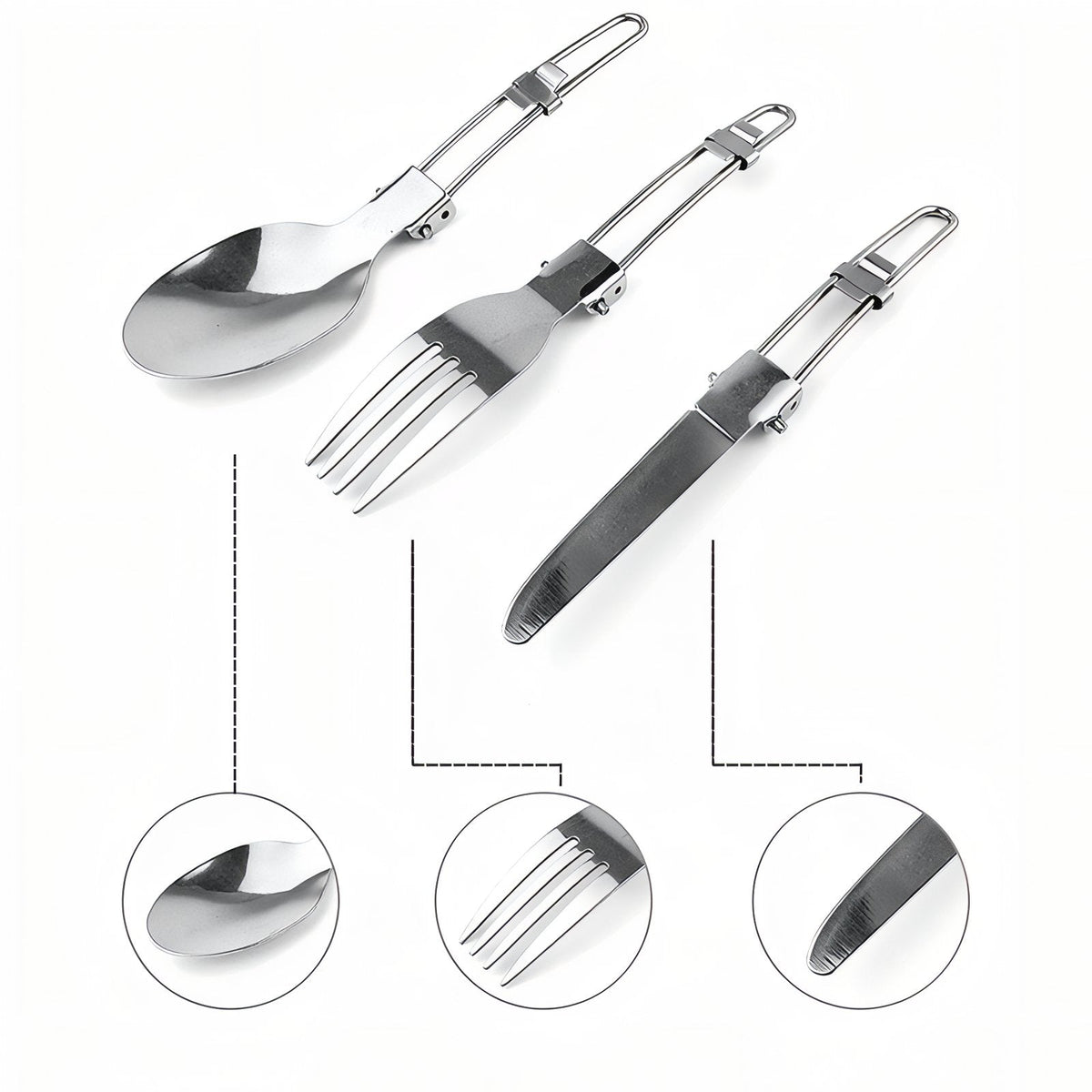 The three pieces with close-ups of the spoon bowl, the fork tines and the knife edge