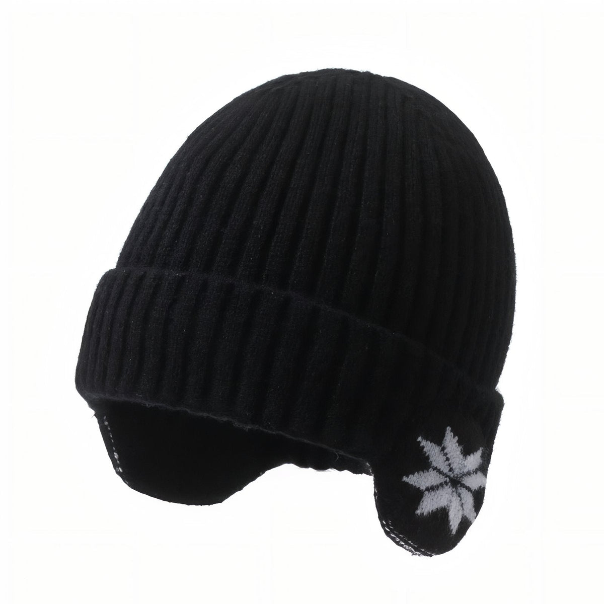 Black ribbed knit beanie with a turn-up cuff and ear flaps knitted with a white snowflake
