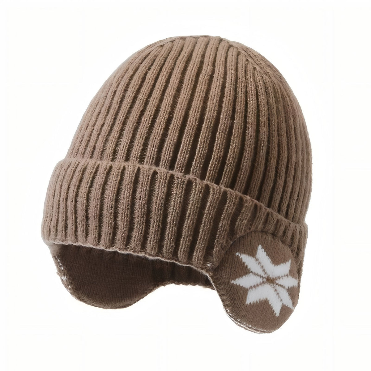 Brown ribbed knit beanie with a turn-up cuff and ear flaps knitted with a white snowflake
