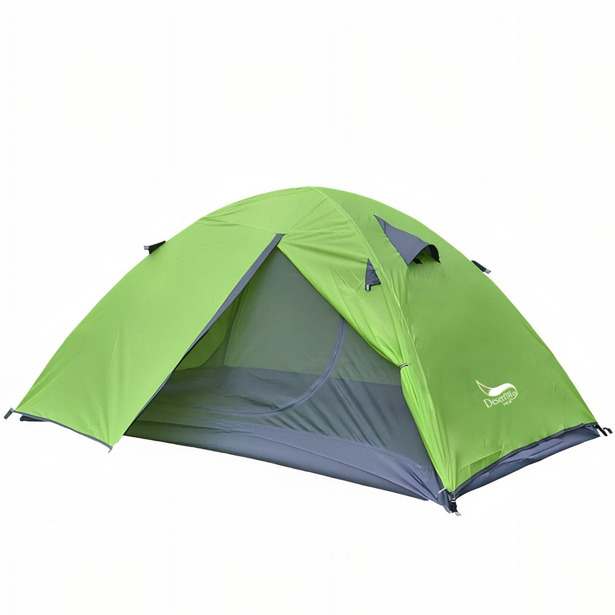 Lime green two-person dome tent with a grey floor, the porch door open to the mesh inner tent