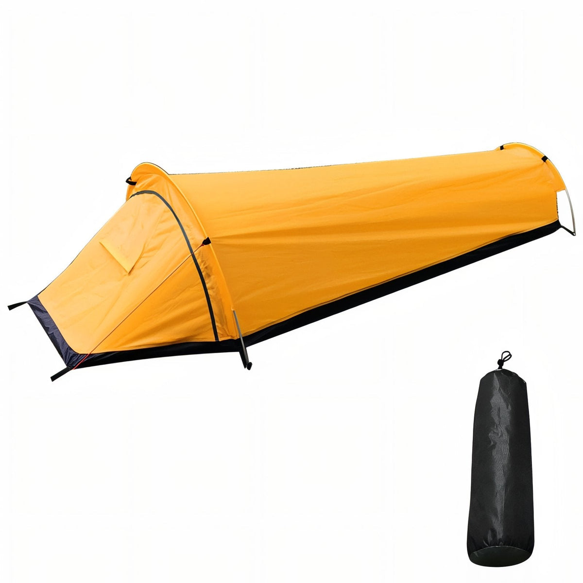 Yellow bivy tent with a black groundsheet edge beside its black storage sack